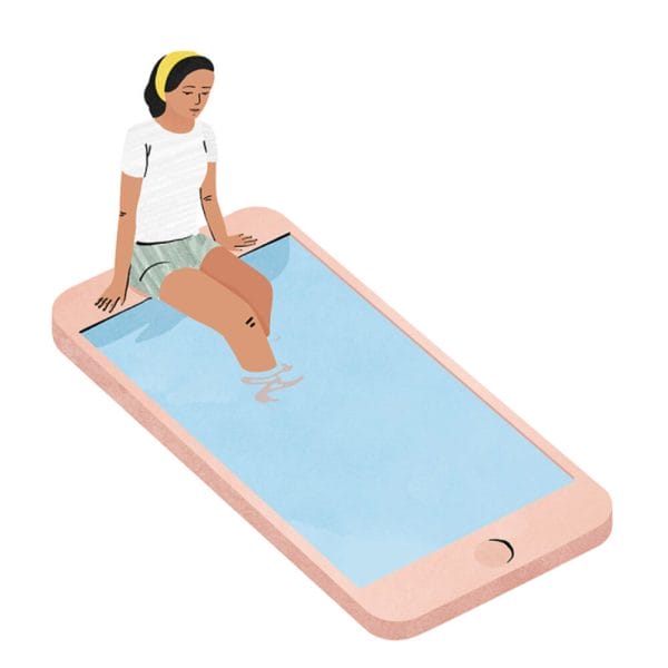 Teen with feet in pool of water that looks like mobile phone