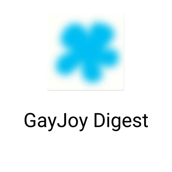 blue blurred flower and GayJoy Digest text below