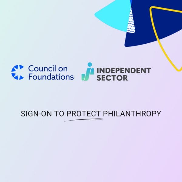 image with logos on gradient background saying sign-on to protect philanthropy