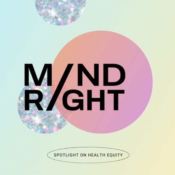 green and yellow gradient background with two silver glitter balls and a pink gradient colored ball. Text: Mind Right logo. Spotlight on health equity.