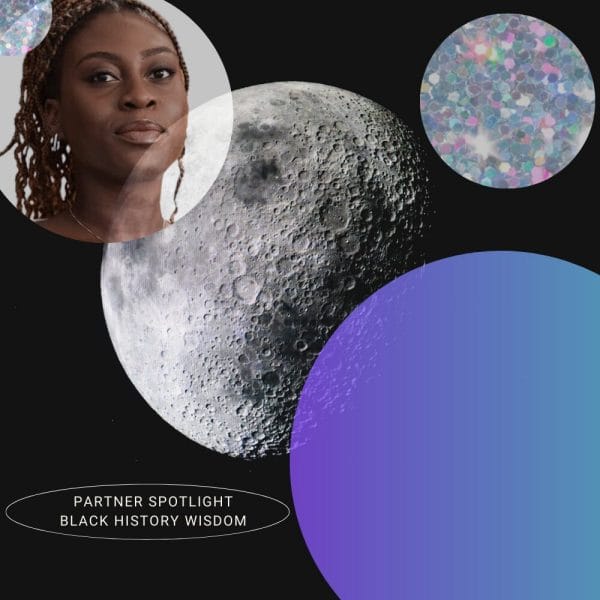 abstract background with the moon and gradient and glitter circles with headshot of bruny kenou